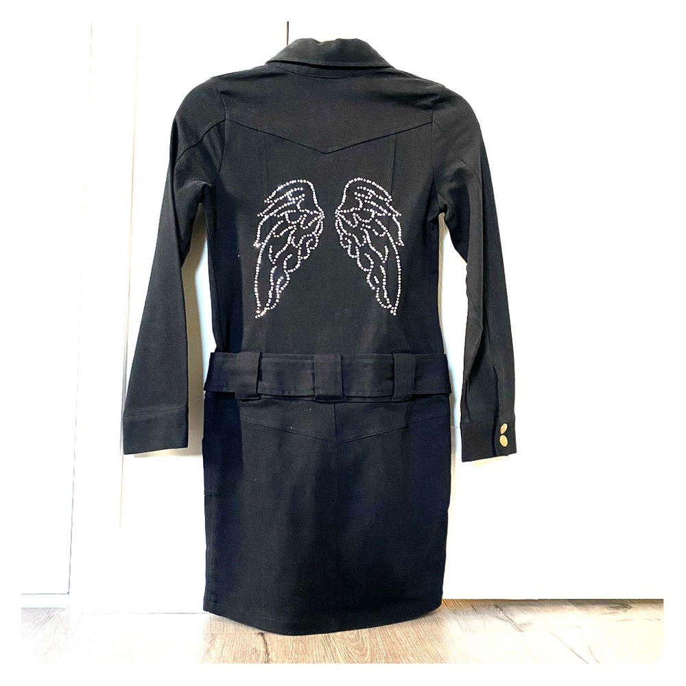 Black denim mini dress with crystal angel wings